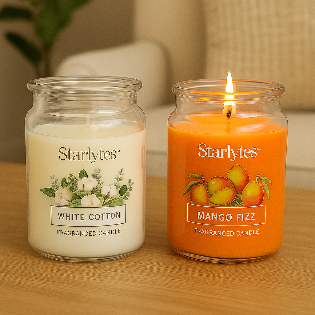 🕯️ Starlytes 510g Scented Candle Jar – White Cotton / Mango Fizz Home Fragrance